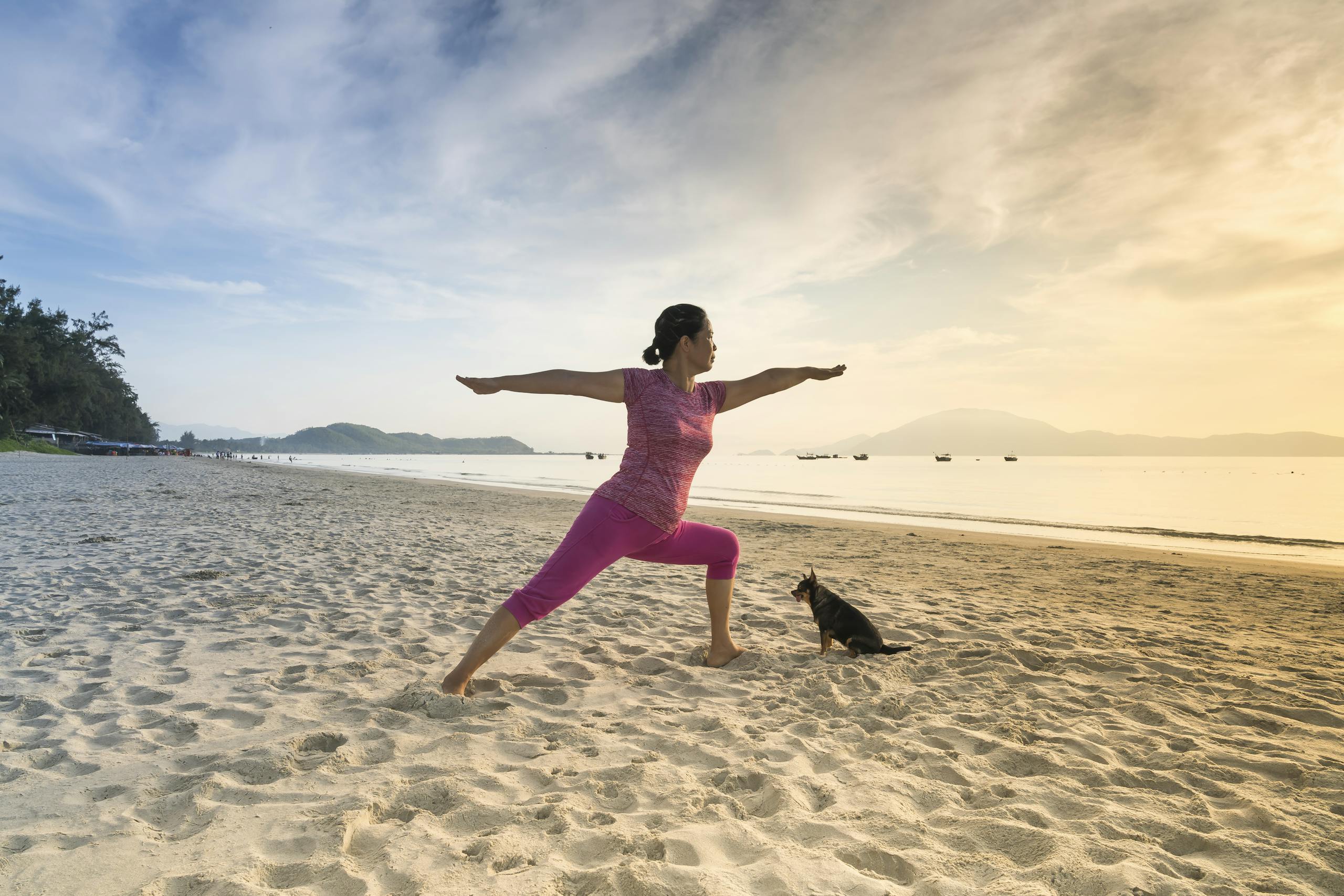 A woman performs a yoga pose on a tranquil beach with her dog at sunset, symbolizing harmony and relaxation.